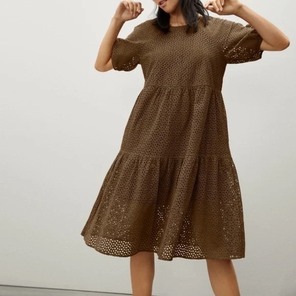 Everlane Brown Eyelet Midi Dress Medium Puff Sleeve Cotton
